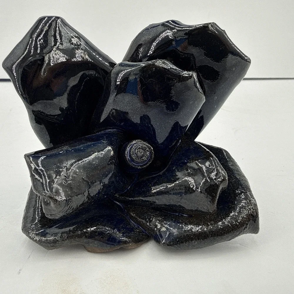 Beautiful Studio Art Pottery Flower 3 in Rose Midnight Blue Gothic